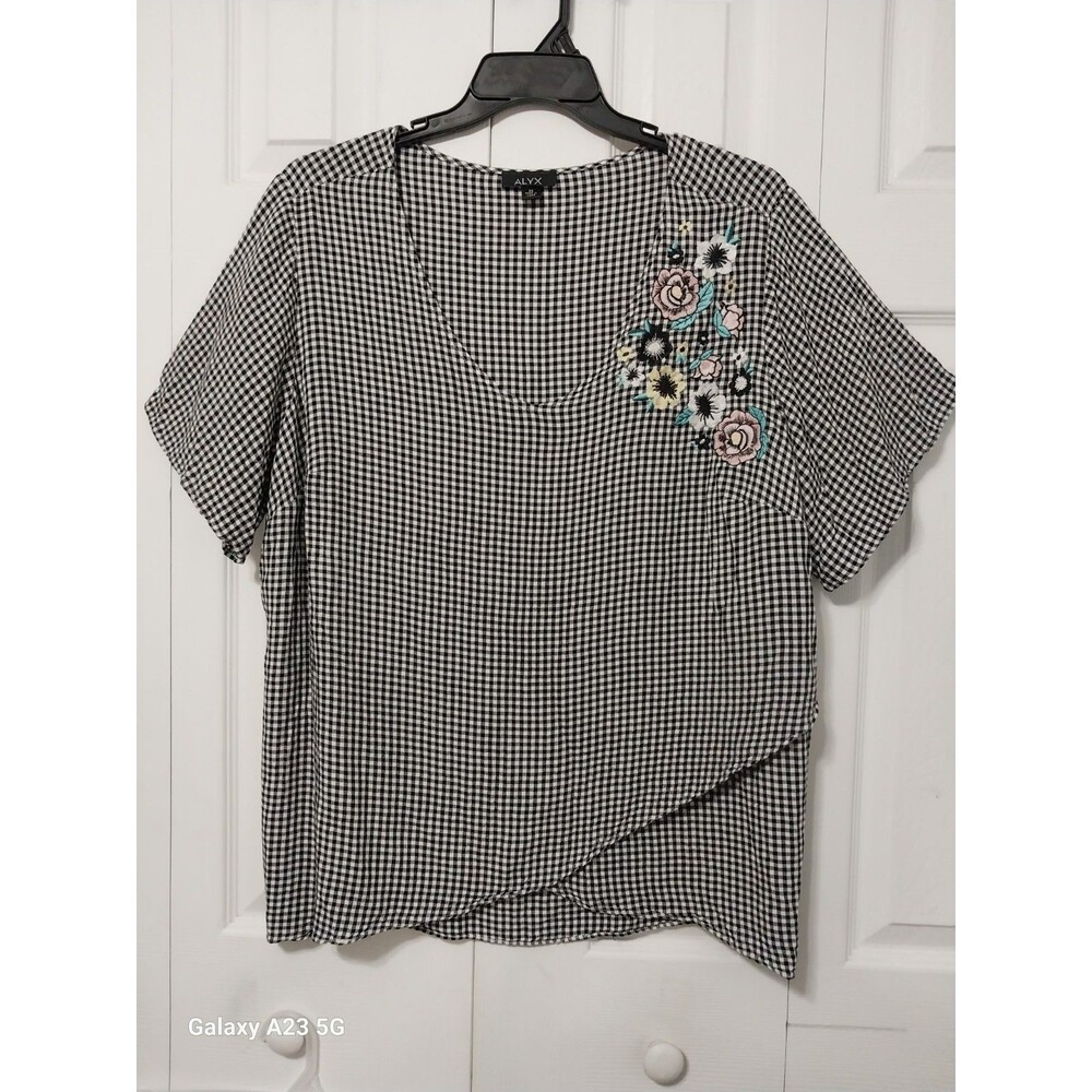 ALYX Womens 2X Black And White Gingham Crossover Blouse w/Floral Embroidery